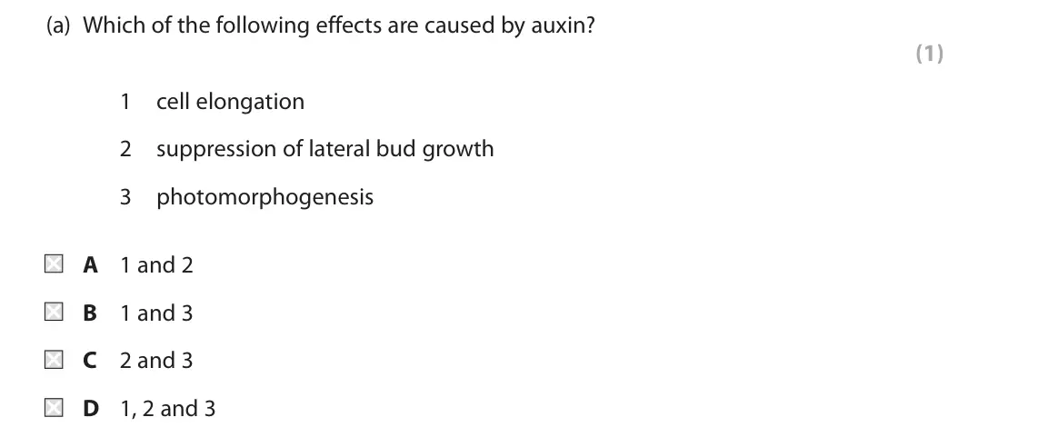 June 2019 Paper 2, question 5(a): Which of the following effects are caused by auxin? (1) 1 cell elongation 2 suppression of lateral bud growth 3 photomorphogenesis A 1 and 2 B 1 and 3 C 2 and 3
