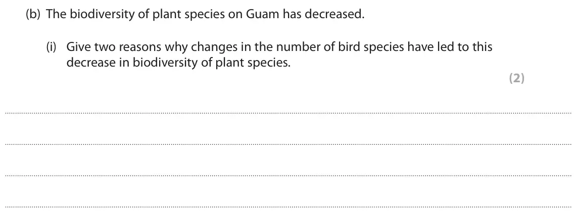 June 2019 Paper 2, question 6(b)(i): Give two reasons why changes in the number of bird species have led to this decrease in biodiversity of plant species. (2)