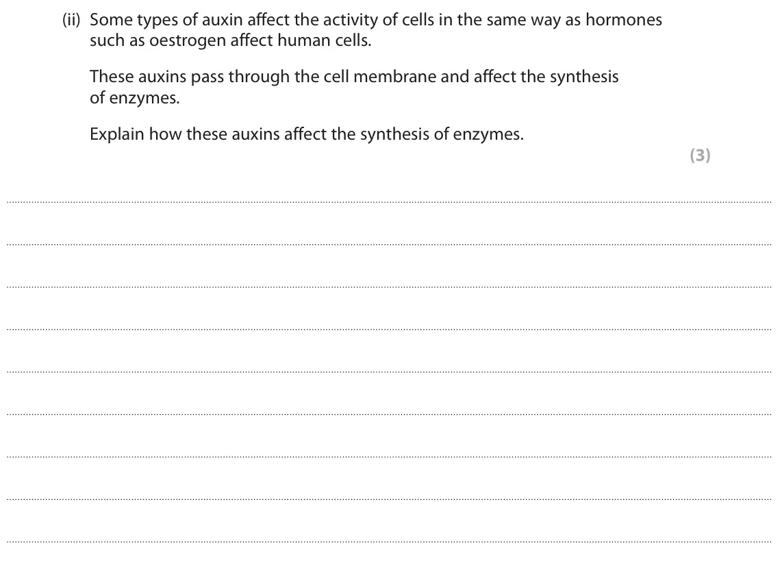 June 2022 Paper 2, question 2(a)(ii): Some types of auxin affect the activity of cells in the same way as hormones such as oestrogen affect human cells. These auxins pass through the cell membrane a