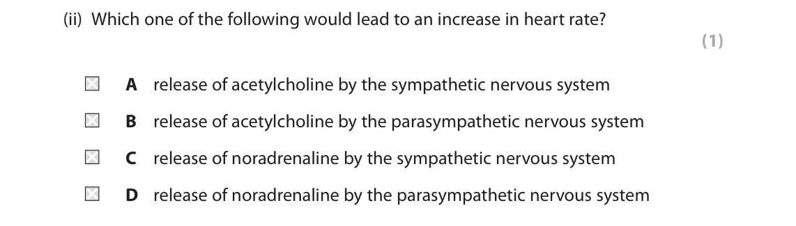 June 2022 Paper 2, question 4(a)(ii): Which one of the following would lead to an increase in heart rate? (1) A release of acetylcholine by the sympathetic nervous system B release of acetylcholine