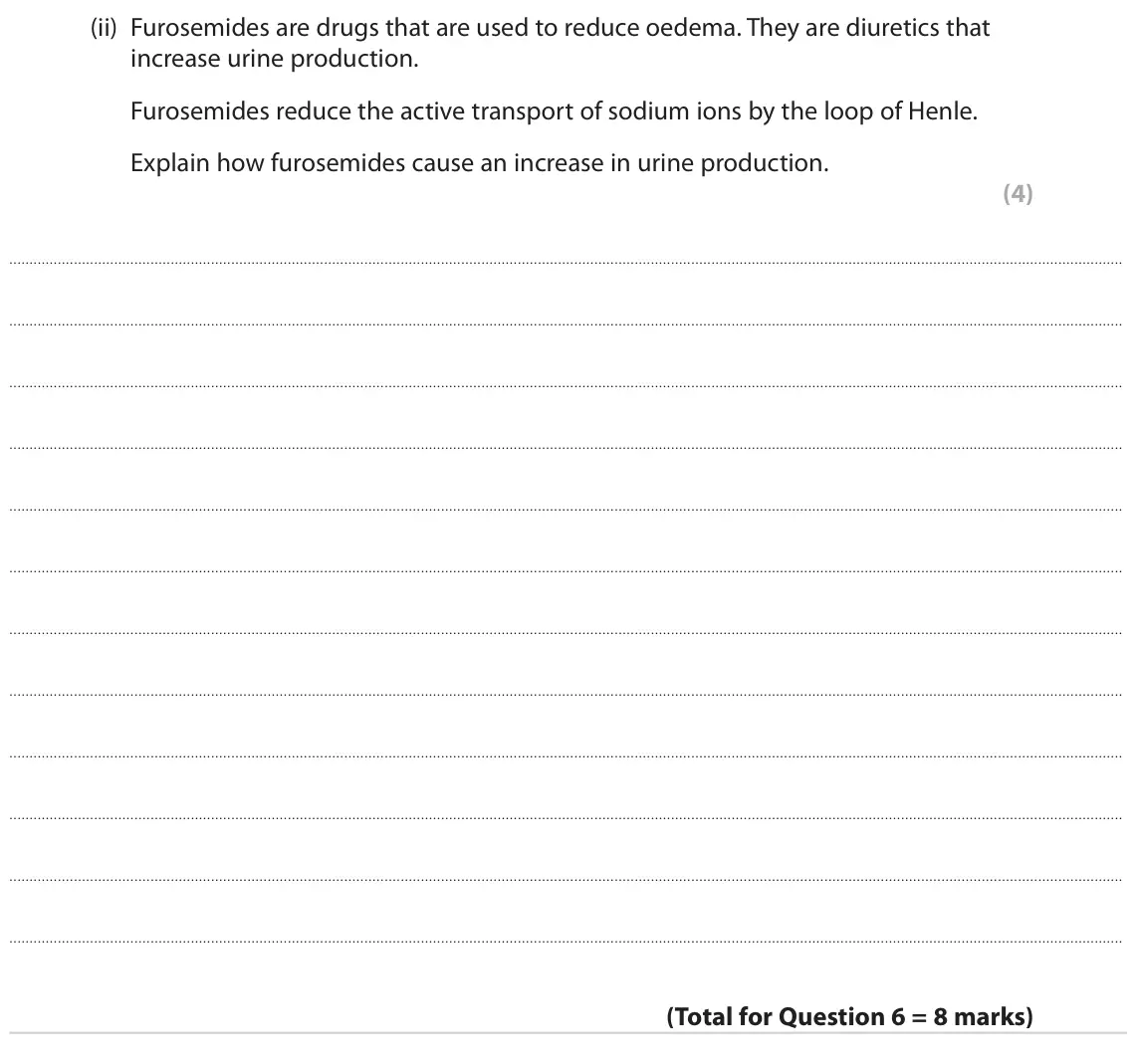 June 2022 Paper 2, question 6(b)(ii): Furosemides are drugs that are used to reduce oedema. They are diuretics that increase urine production. Furosemides reduce the active transport of sodium ions 