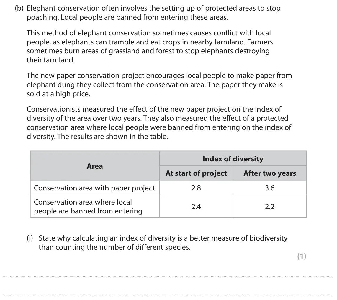 June 2022 Paper 2, question 9(b)(i): State why calculating an index of diversity is a better measure of biodiversity than counting the number of different species. (1)