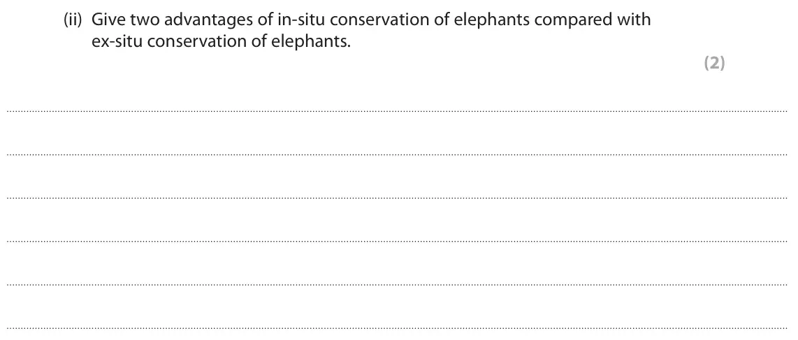 June 2022 Paper 2, question 9(b)(ii): Give two advantages of in-situ conservation of elephants compared with ex-situ conservation of elephants. (2)