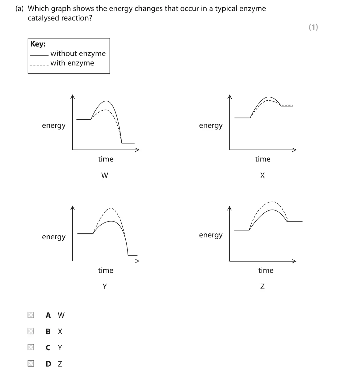 June 2023 Paper 2, question 2(a): Which graph shows the energy changes that occur in a typical enzyme catalysed reaction? (1) Key: without enzyme with enzyme energy energy time time W X energy e