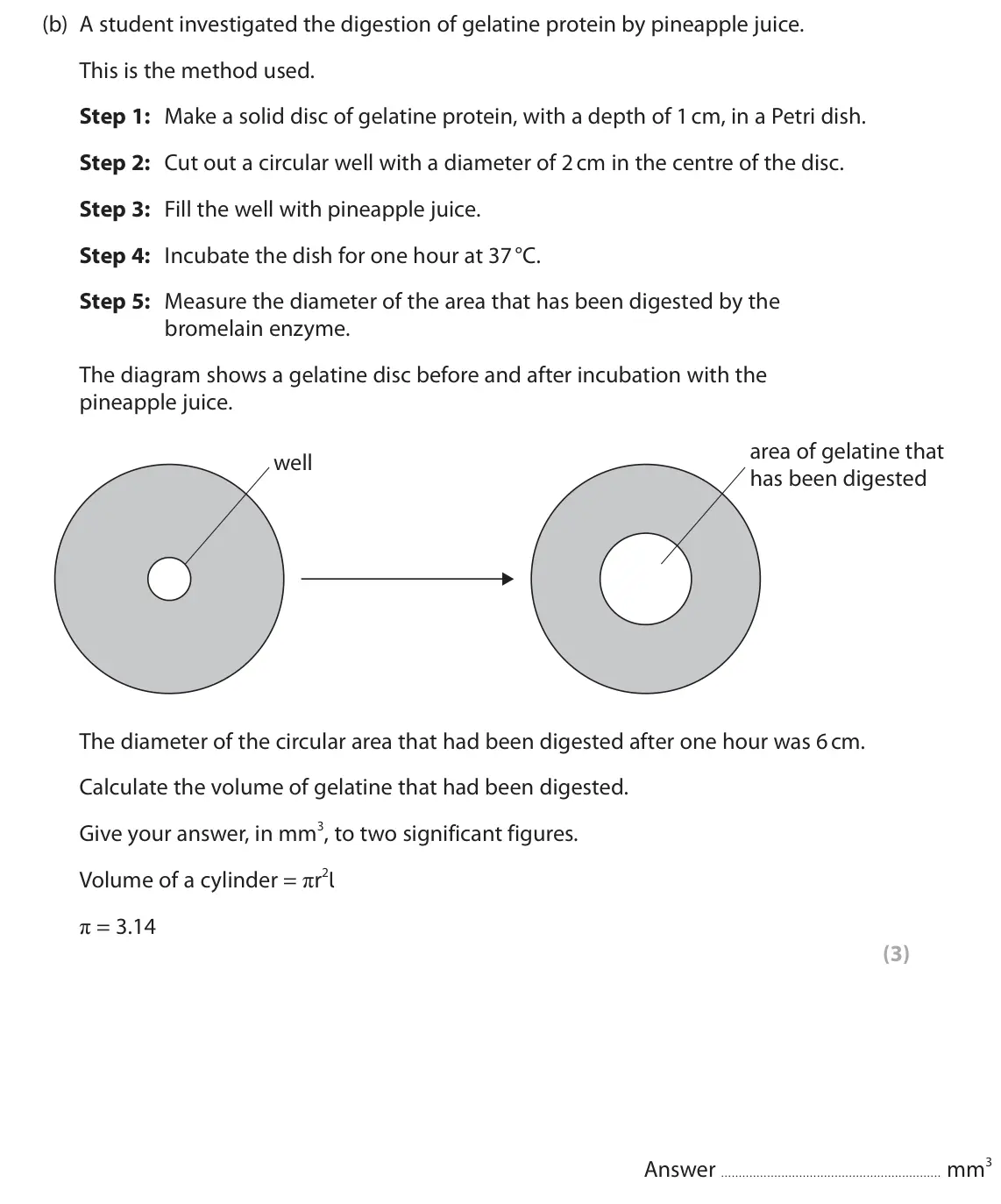 June 2023 Paper 2, question 2(b): A student investigated the digestion of gelatine protein by pineapple juice. This is the method used. Step 1: Make a solid disc of gelatine protein, with a dept