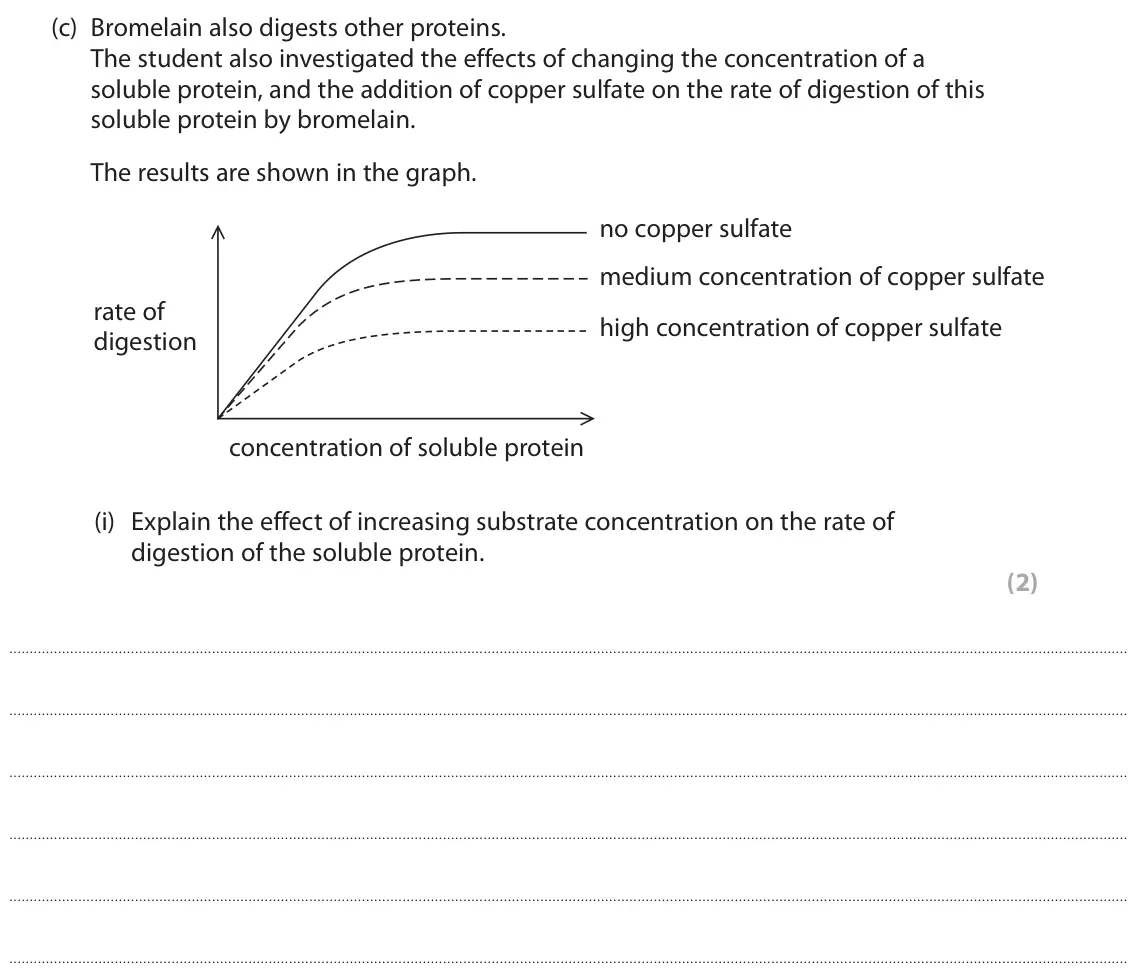 June 2023 Paper 2, question 2(c)(i): Explain the effect of increasing substrate concentration on the rate of digestion of the soluble protein. (2)