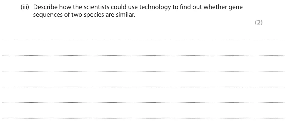 June 2023 Paper 2, question 7(a)(iii): Describe how the scientists could use technology to find out whether gene sequences of two species are similar. (2)
