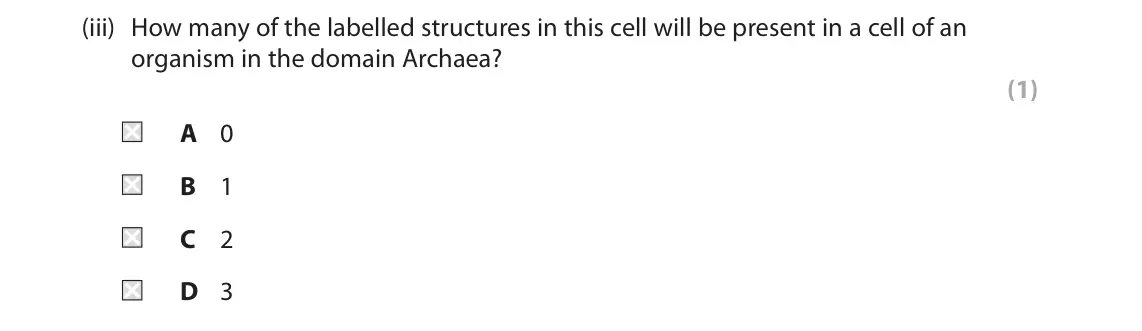 June 2024 Paper 2, question 1(a)(iii): How many of the labelled structures in this cell will be present in a cell of an organism in the domain Archaea? (1) A 0 B 1 C 2 D 3