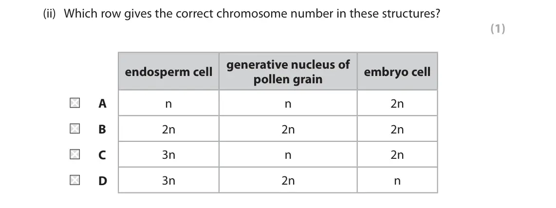 June 2024 Paper 2, question 2(a)(ii): Which row gives the correct chromosome number in these structures? (1) generative nucleus of endosperm cell embryo cell pollen grain A n n 2n B 2n 2n 2n C 3n n