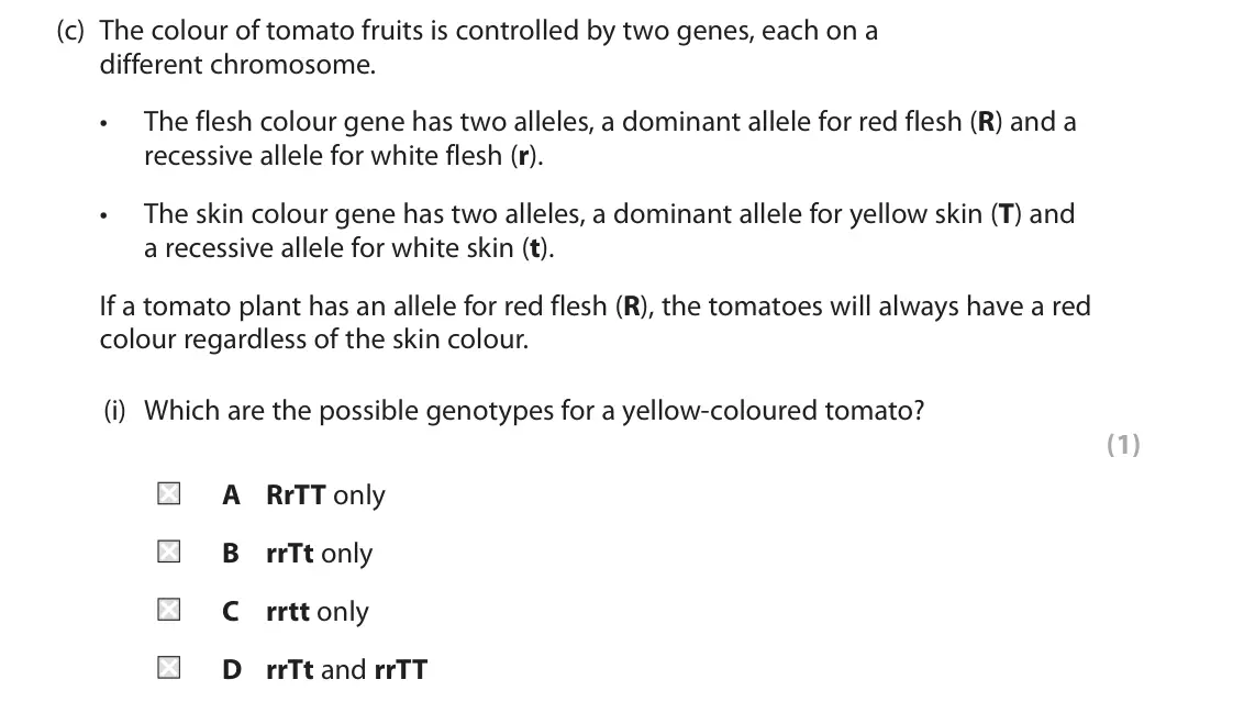 June 2024 Paper 2, question 2(c)(i): Which are the possible genotypes for a yellow-coloured tomato? (1) A RrTT only B rrTt only C rrtt only D rrTt and rrTT