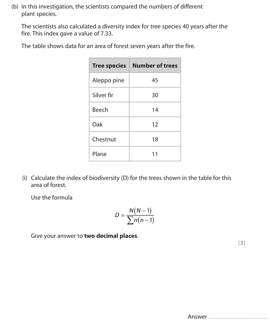 June 2024 Paper 2, question 5(b)(i): Calculate the index of biodiversity (D) for the trees shown in the table for this area of forest. Use the formula N N 1 D  n n 1 Give your answer to two decima