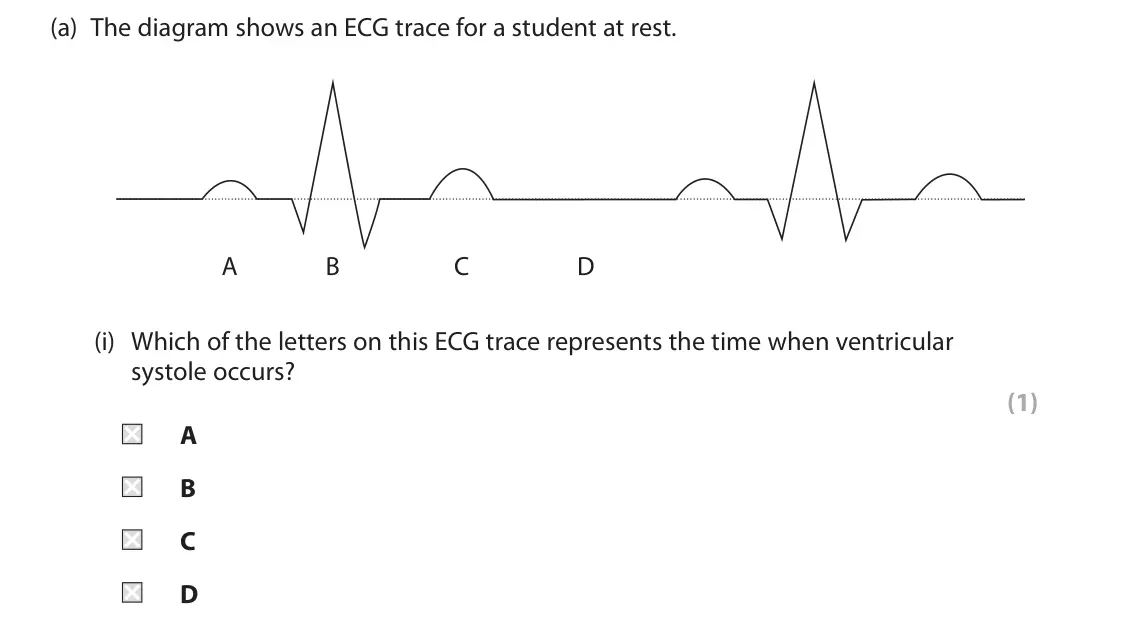June 2025 Paper 2, question 3(a)(i): Which of the letters on this ECG trace represents the time when ventricular systole occurs? (1) A B C D