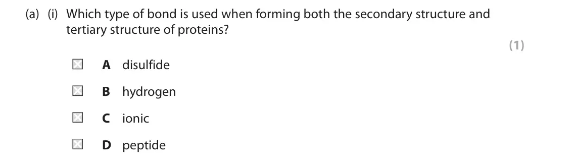June 2025 Paper 2, question 4(a)(i): Which type of bond is used when forming both the secondary structure and tertiary structure of proteins? (1) A disulfide B hydrogen C ionic D peptide