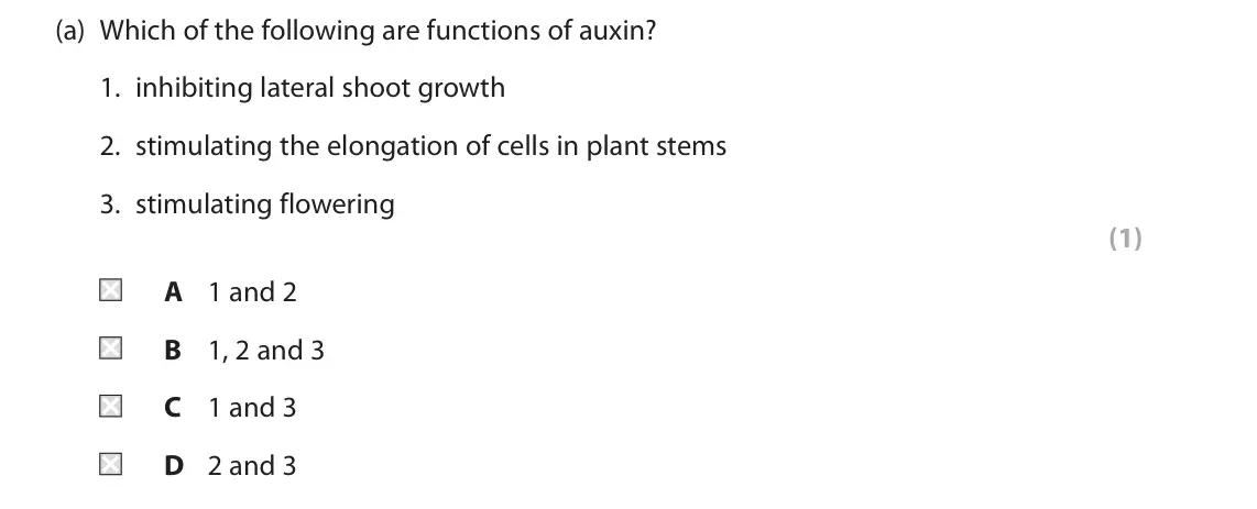 June 2025 Paper 2, question 5(a): Which of the following are functions of auxin? 1. inhibiting lateral shoot growth 2. stimulating the elongation of cells in plant stems 3. stimulating flowering