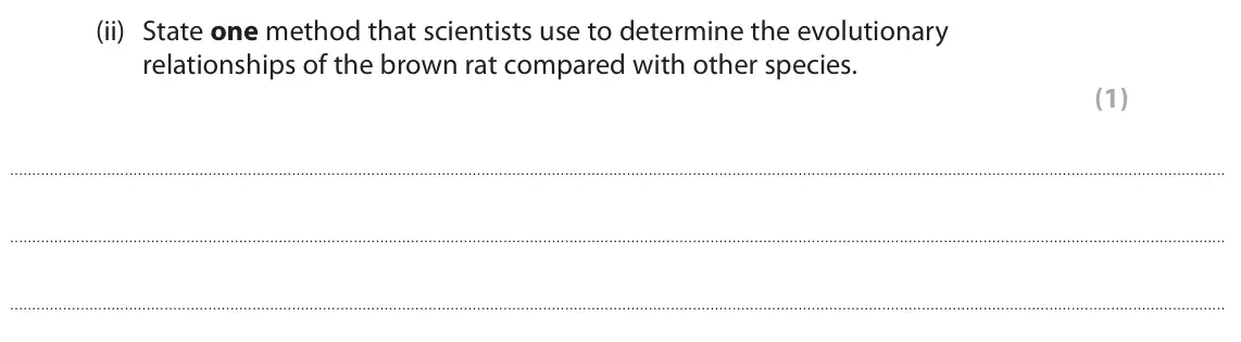June 2025 Paper 2, question 6(a)(ii): State one method that scientists use to determine the evolutionary relationships of the brown rat compared with other species. (1)