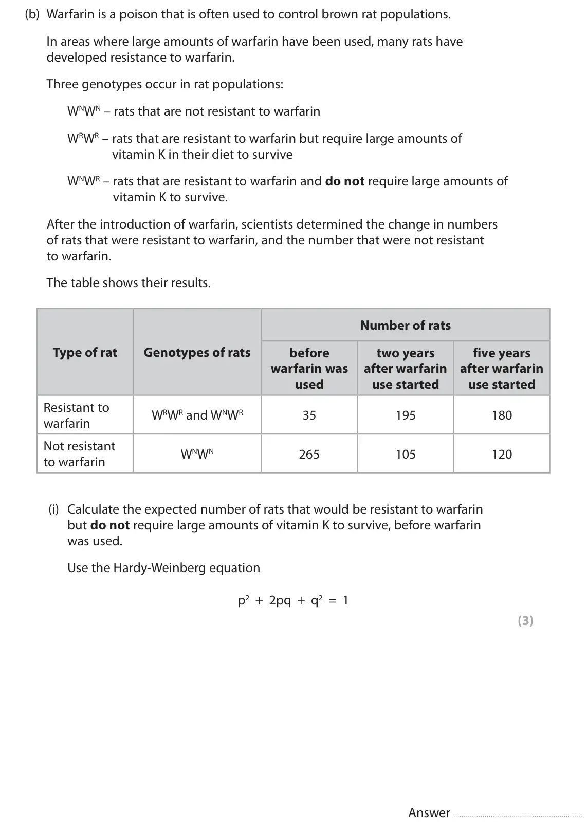 June 2025 Paper 2, question 6(b)(i): Calculate the expected number of rats that would be resistant to warfarin but do not require large amounts of vitamin K to survive, before warfarin was used. Us
