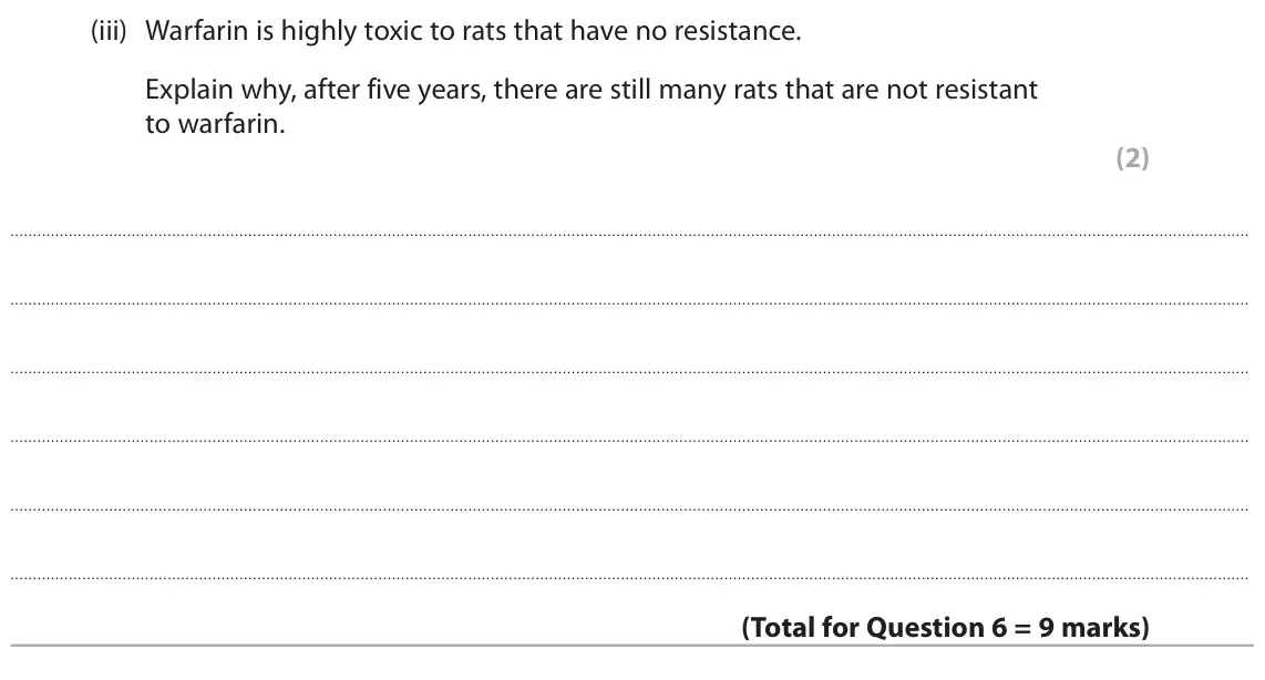 June 2025 Paper 2, question 6(b)(iii): Warfarin is highly toxic to rats that have no resistance. Explain why, after five years, there are still many rats that are not resistant to warfarin. (2)