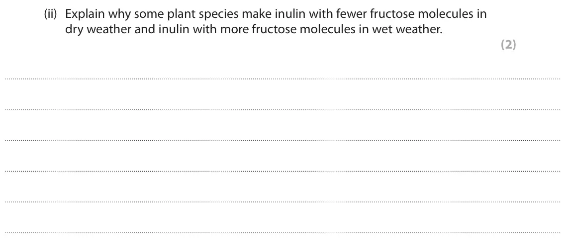 June 2025 Paper 2, question 7(b)(ii): Explain why some plant species make inulin with fewer fructose molecules in dry weather and inulin with more fructose molecules in wet weather. (2)