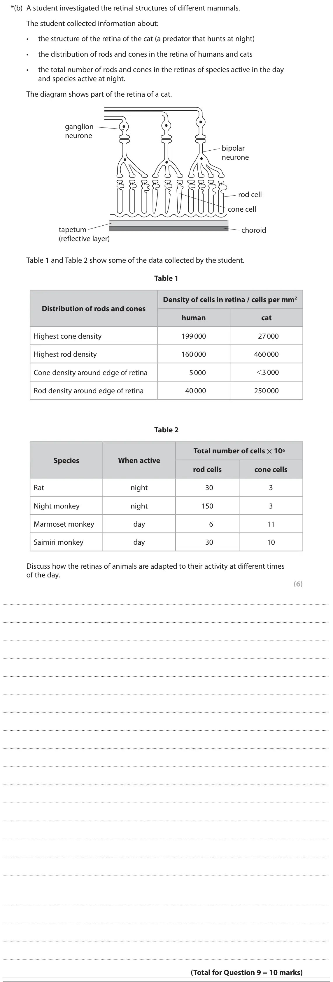 June 2025 Paper 2, question 9(b): A student investigated the retinal structures of different mammals. The student collected information about: • the structure of the retina of the cat (a predato