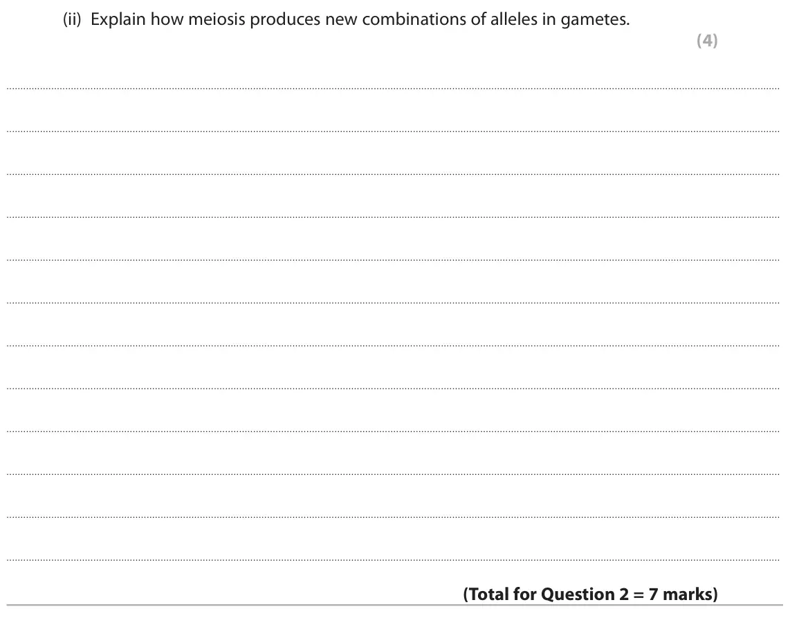 November 2021 Paper 2, question 2(b)(ii): Explain how meiosis produces new combinations of alleles in gametes. (4)