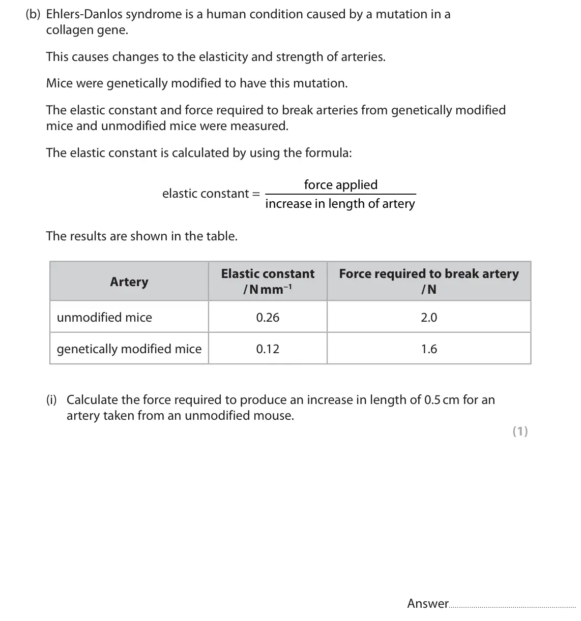 November 2021 Paper 2, question 3(b)(i): Calculate the force required to produce an increase in length of 0.5 cm for an artery taken from an unmodified mouse. (1) Answer