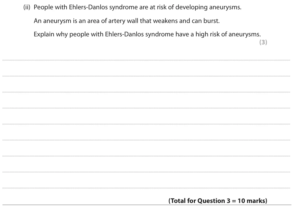 November 2021 Paper 2, question 3(b)(ii): People with Ehlers-Danlos syndrome are at risk of developing aneurysms. An aneurysm is an area of artery wall that weakens and can burst. Explain why people wit
