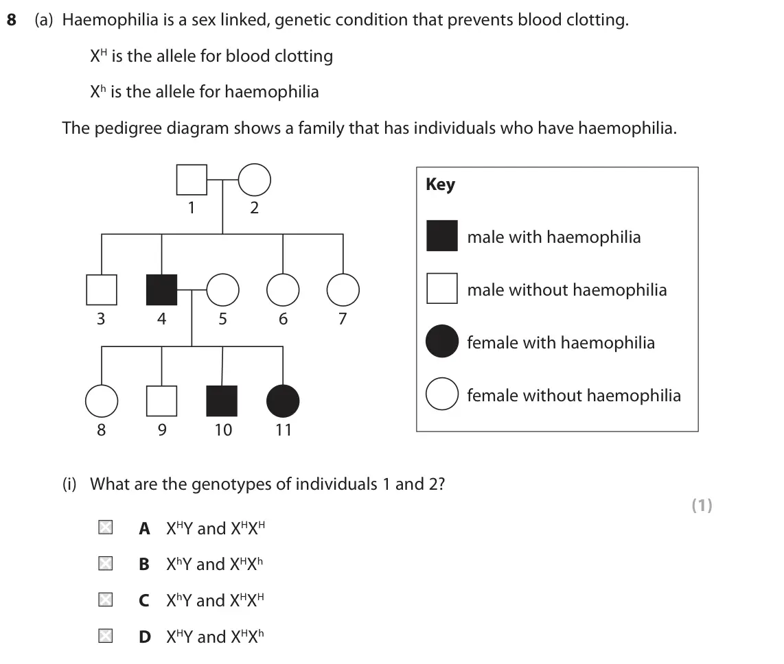 November 2021 Paper 2, question 8(a)(i): What are the genotypes of individuals 1 and 2? (1) A XHY and XHXH B XhY and XHXh C XhY and XHXH D XHY and XHXh