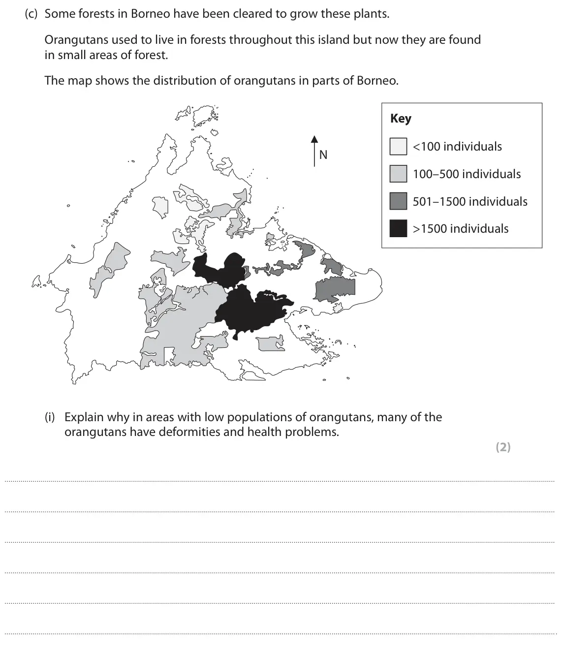 October 2020 Paper 2, question 5(c)(i): Explain why in areas with low populations of orangutans, many of the orangutans have deformities and health problems. (2) .