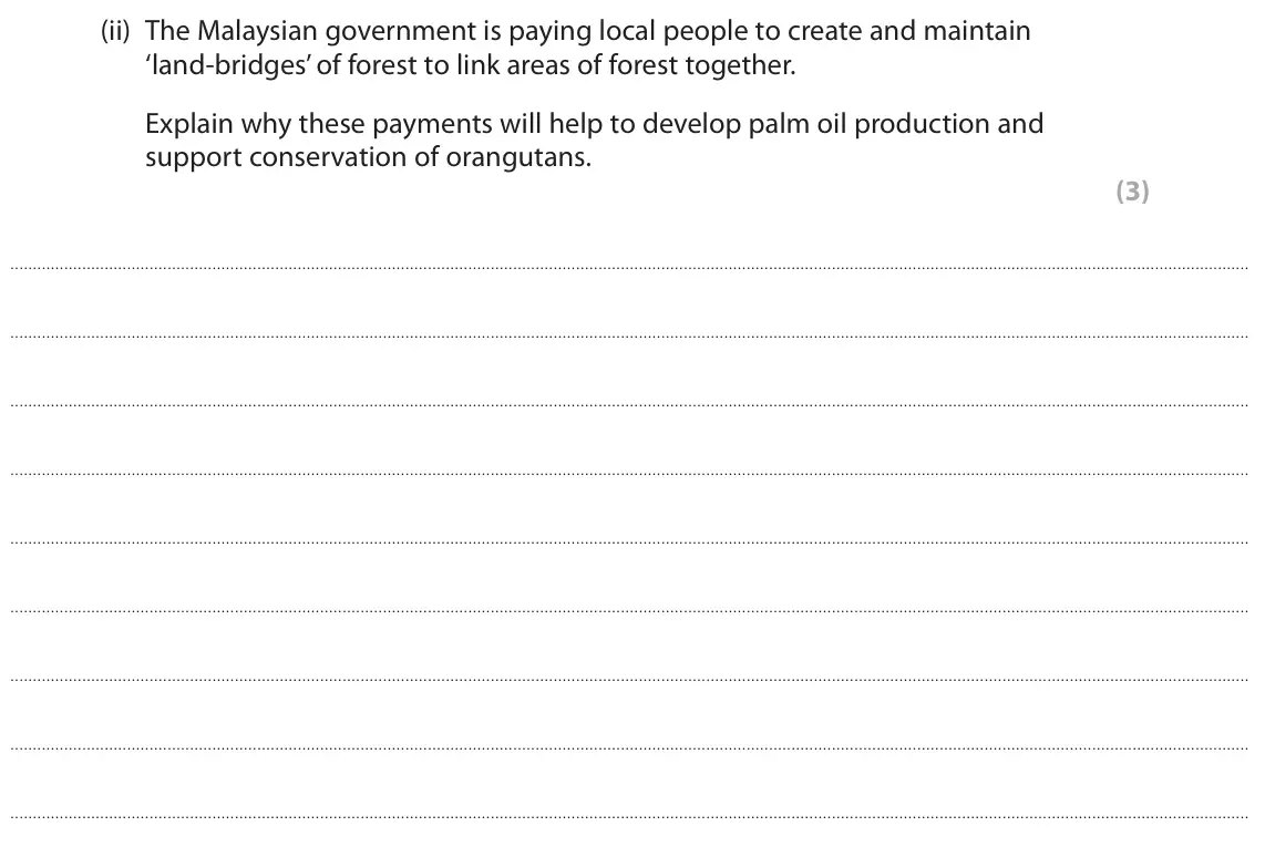 October 2020 Paper 2, question 5(c)(ii): The Malaysian government is paying local people to create and maintain ‘land-bridges’ of forest to link areas of forest together. Explain why these payments wil