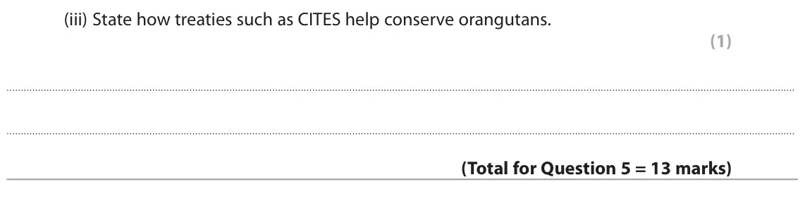 October 2020 Paper 2, question 5(c)(iii): State how treaties such as CITES help conserve orangutans. (1)