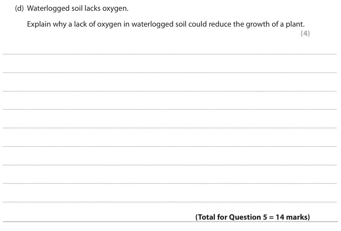 June 2018 Paper 3, question 5(d): Waterlogged soil lacks oxygen. Explain why a lack of oxygen in waterlogged soil could reduce the growth of a plant. (4)