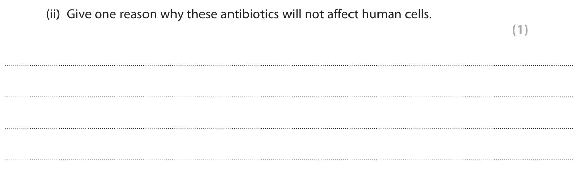 June 2018 Paper 3, question 10(a)(ii): Give one reason why these antibiotics will not affect human cells. (1)