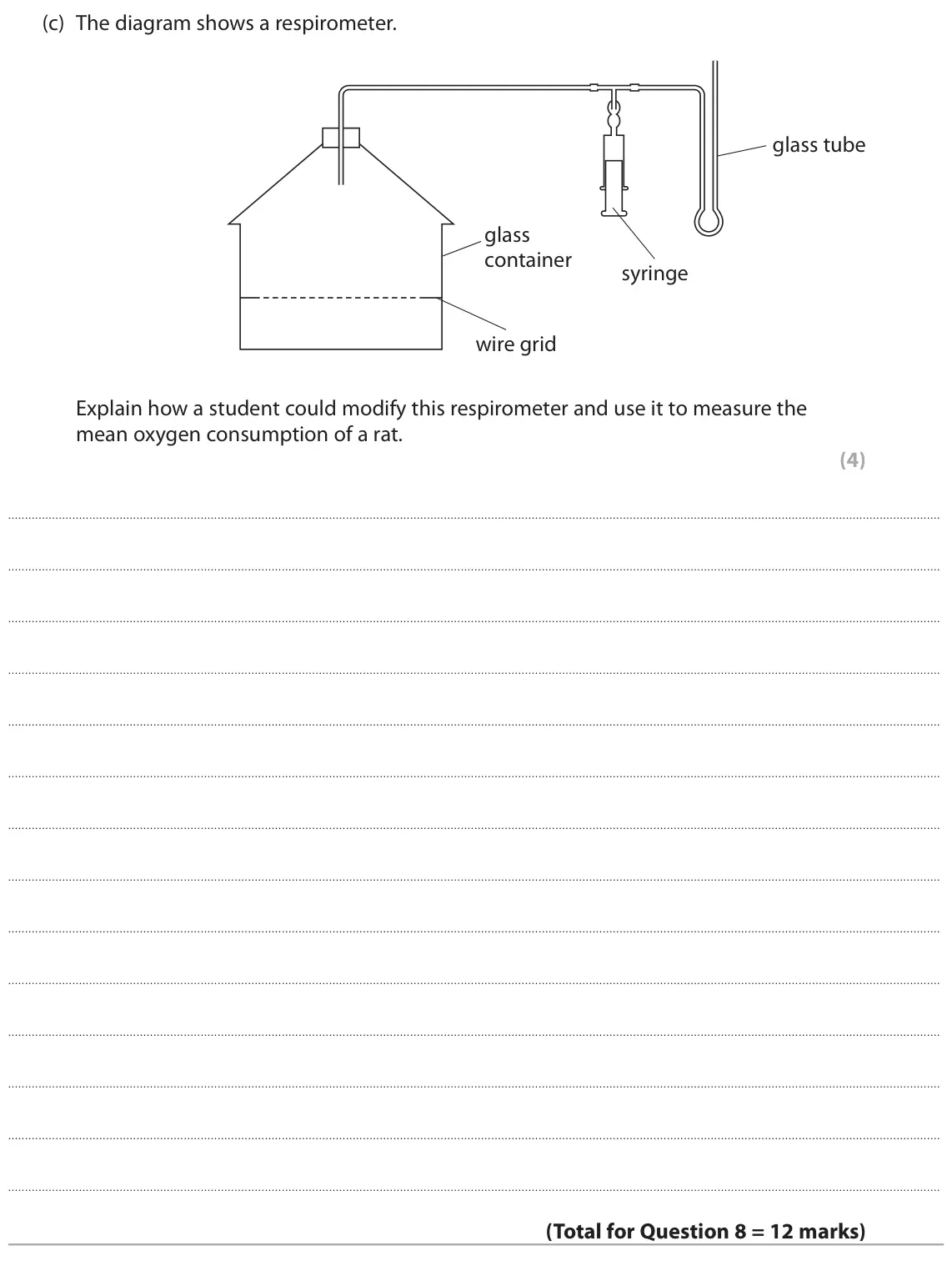 June 2019 Paper 3, question 8(c): The diagram shows a respirometer. glass tube glass container syringe wire grid Explain how a student could modify this respirometer and use it to measure the me