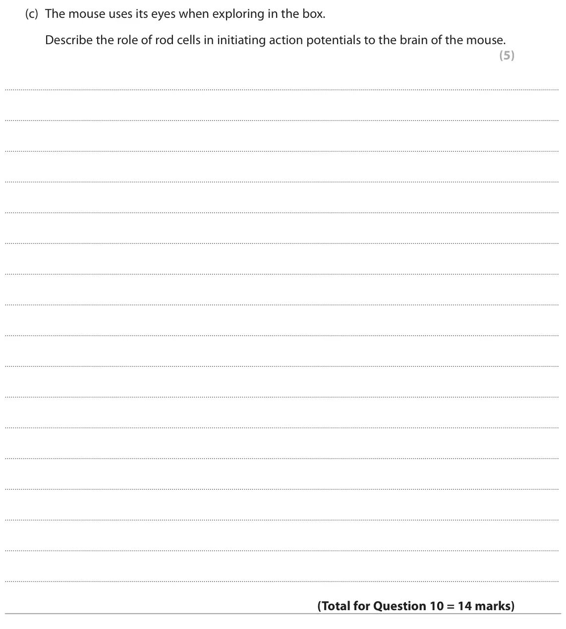 June 2019 Paper 3, question 10(c): The mouse uses its eyes when exploring in the box. Describe the role of rod cells in initiating action potentials to the brain of the mouse. (5)