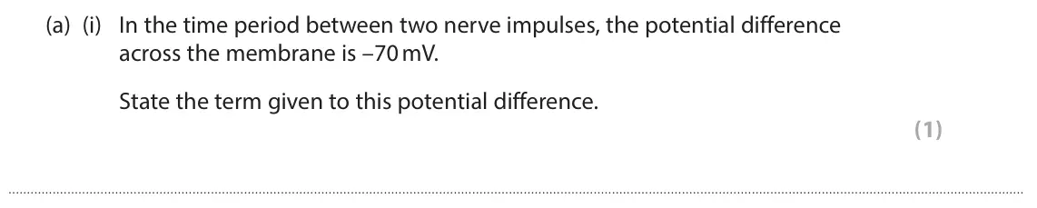 June 2022 Paper 3, question 1(a)(i): In the time period between two nerve impulses, the potential difference across the membrane is –70 mV. State the term given to this potential difference. (1)