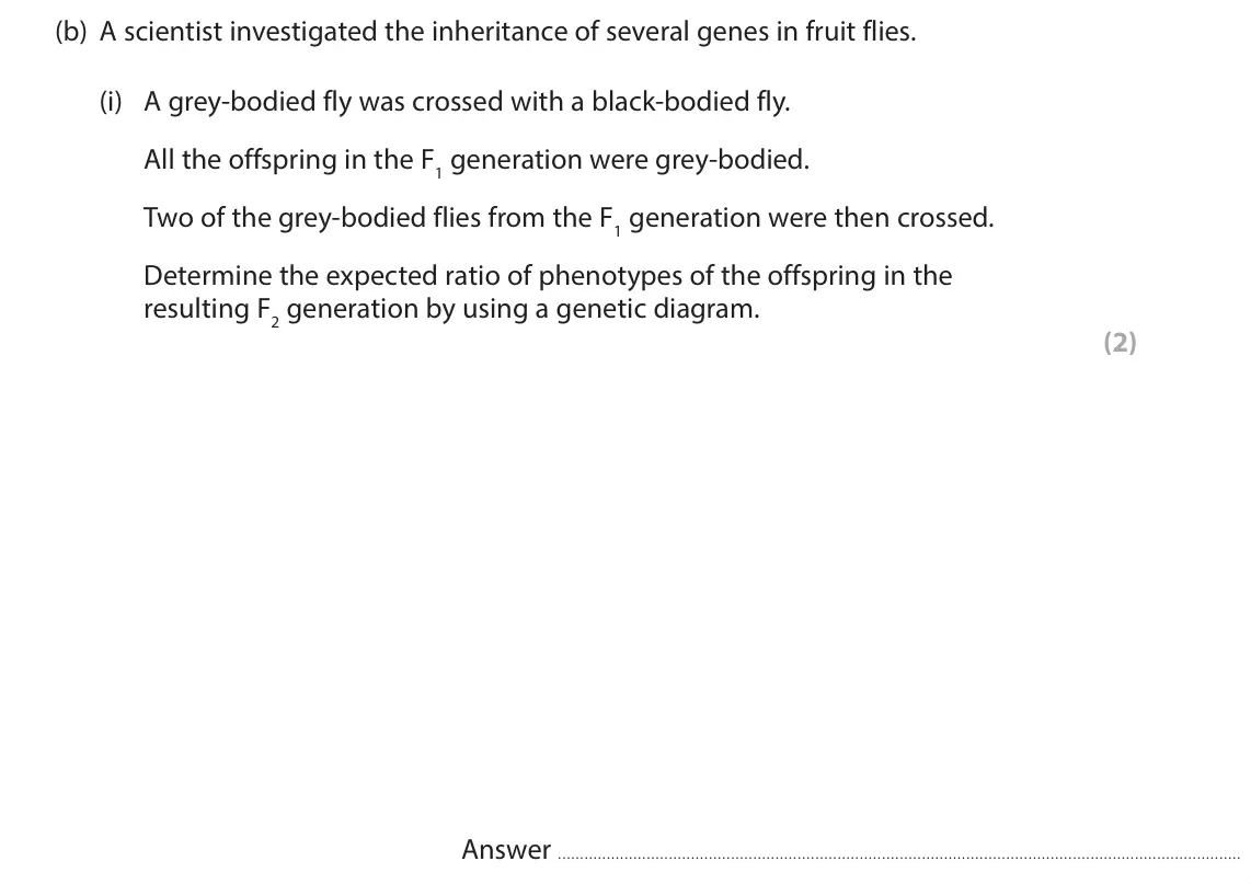June 2022 Paper 3, question 4(b)(i): A grey-bodied fly was crossed with a black-bodied fly. All the offspring in the F1 generation were grey-bodied. Two of the grey-bodied flies from the F1 generat