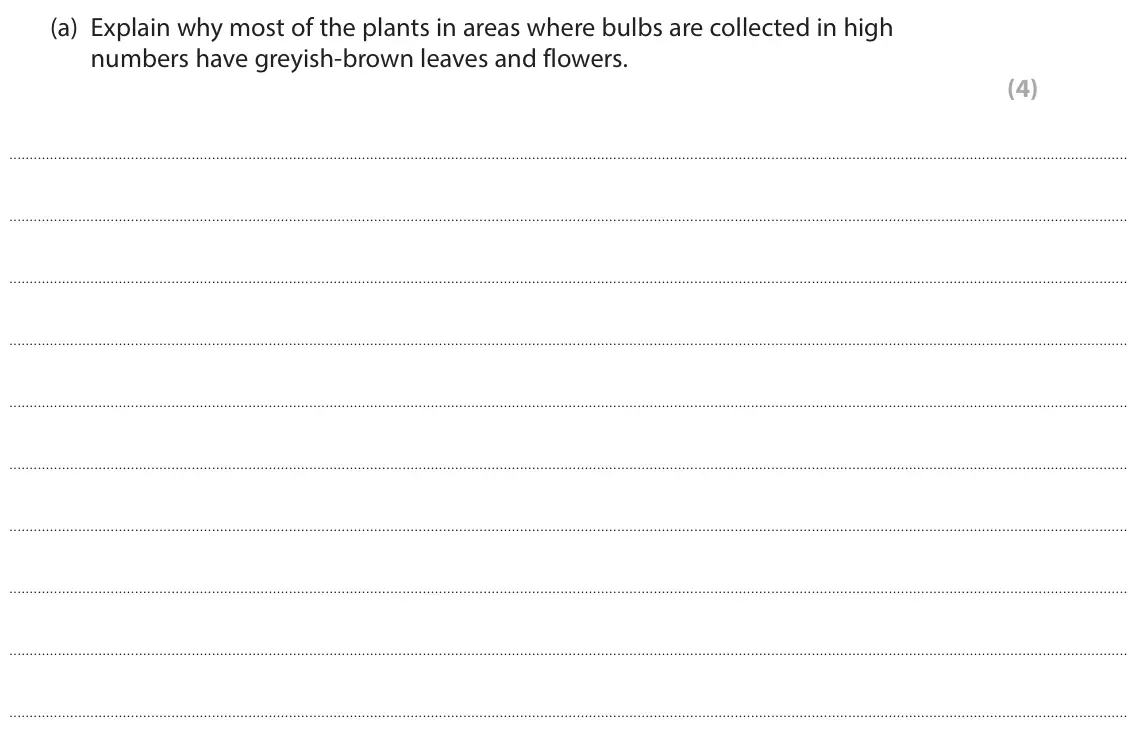 June 2022 Paper 3, question 6(a): Explain why most of the plants in areas where bulbs are collected in high numbers have greyish-brown leaves and flowers. (4)