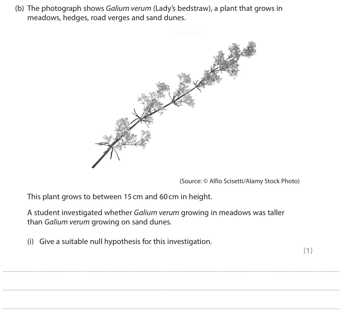 June 2022 Paper 3, question 7(b)(i): Give a suitable null hypothesis for this investigation. (1)