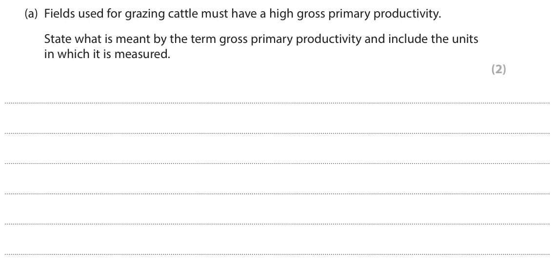 June 2022 Paper 3, question 10(a): Fields used for grazing cattle must have a high gross primary productivity. State what is meant by the term gross primary productivity and include the units in