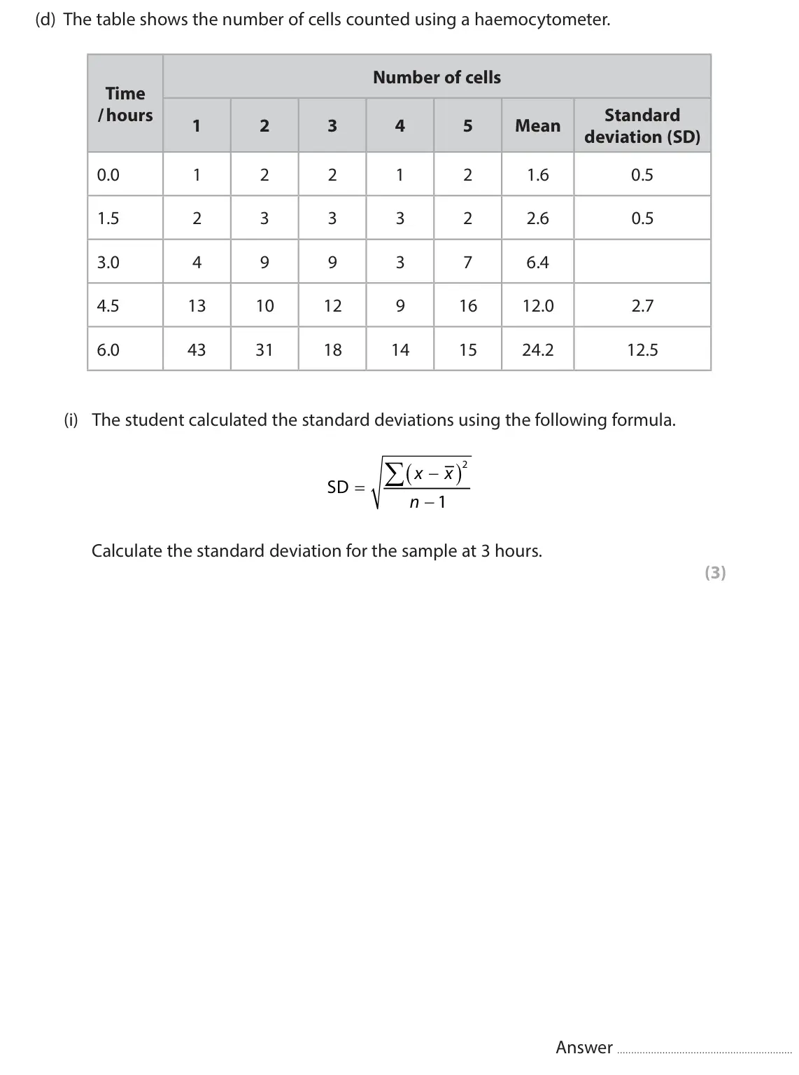 June 2022 Paper 3, question 11(d)(i): The student calculated the standard deviations using the following formula.  x 2 x SD n 1 Calculate the standard deviation for the sample at 3 hours. (3) Answe