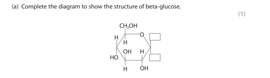 June 2023 Paper 3, question 1(a): Complete the diagram to show the structure of beta‑glucose. (1) CH2OH O H H OH H HO OH H