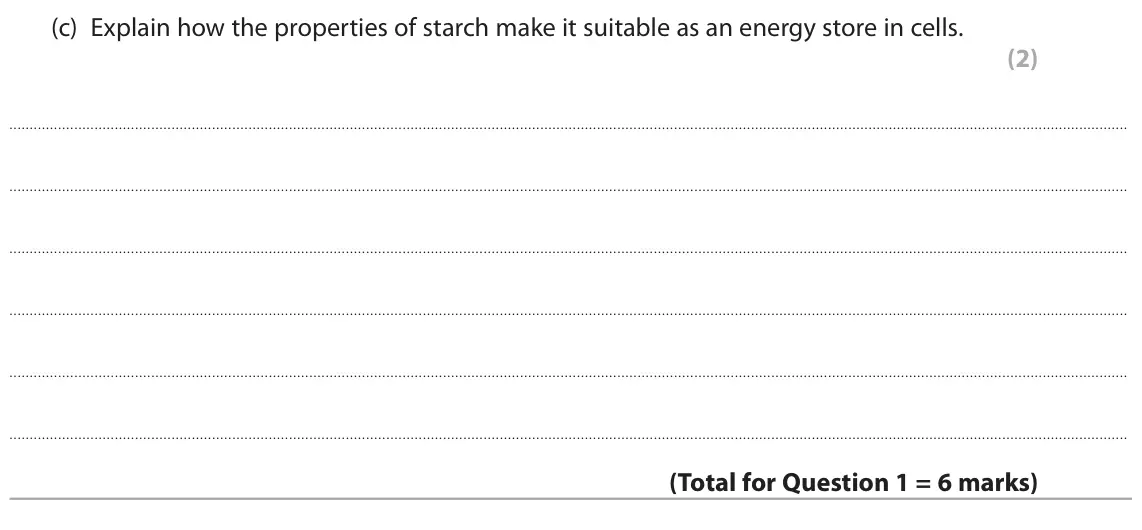 June 2023 Paper 3, question 1(c): Explain how the properties of starch make it suitable as an energy store in cells. (2)