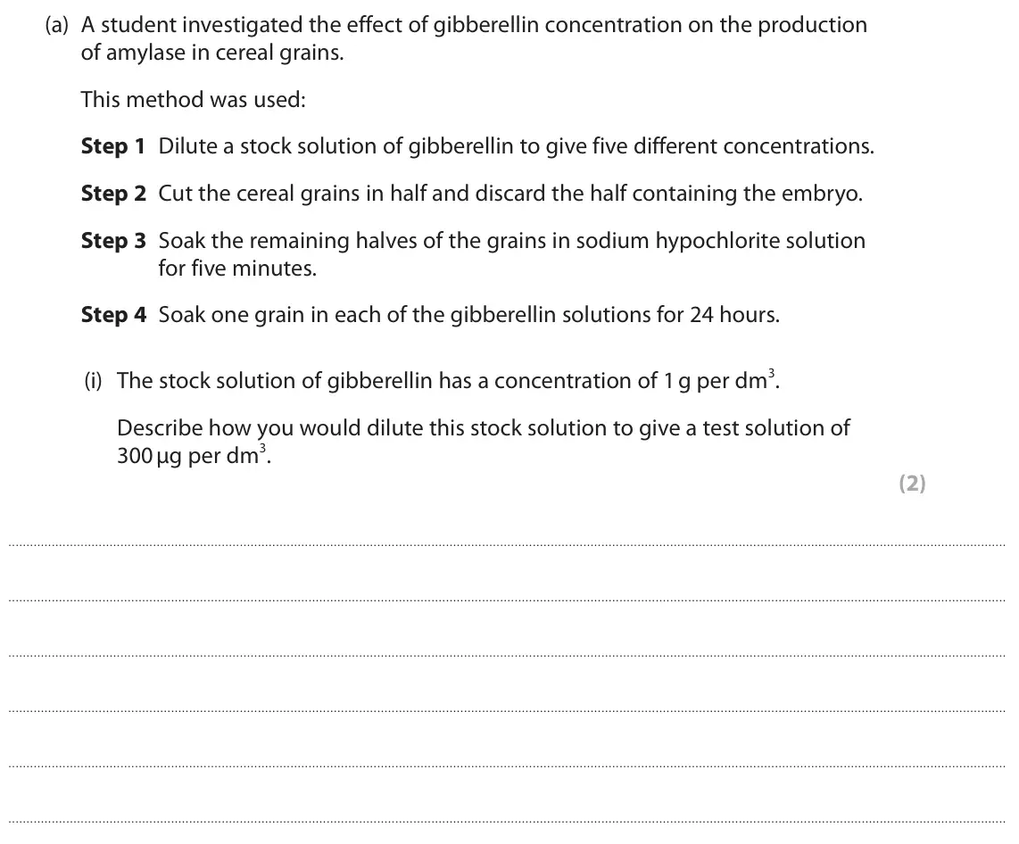June 2023 Paper 3, question 4(a)(i): The stock solution of gibberellin has a concentration of 1 g per dm3. Describe how you would dilute this stock solution to give a test solution of 300 µg per dm