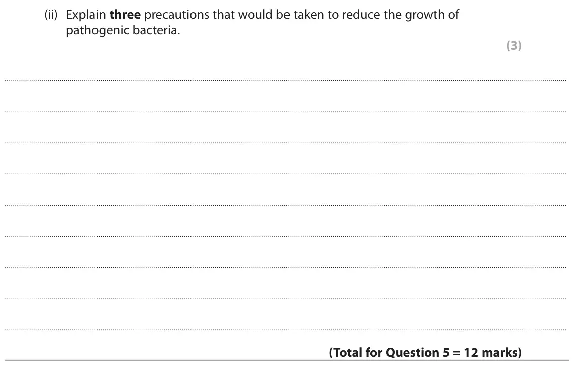 June 2023 Paper 3, question 5(b)(ii): Explain three precautions that would be taken to reduce the growth of pathogenic bacteria. (3)