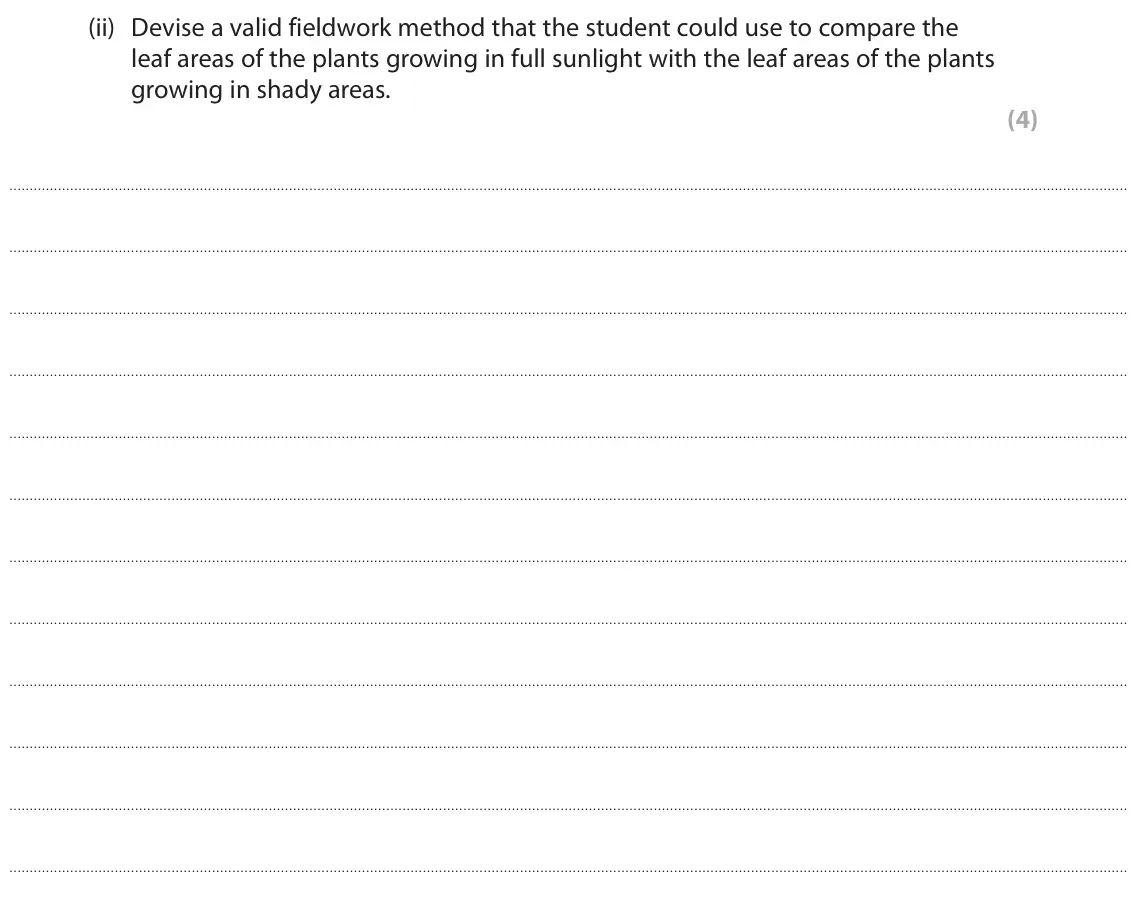 June 2023 Paper 3, question 7(a)(ii): Devise a valid fieldwork method that the student could use to compare the leaf areas of the plants growing in full sunlight with the leaf areas of the plants gr