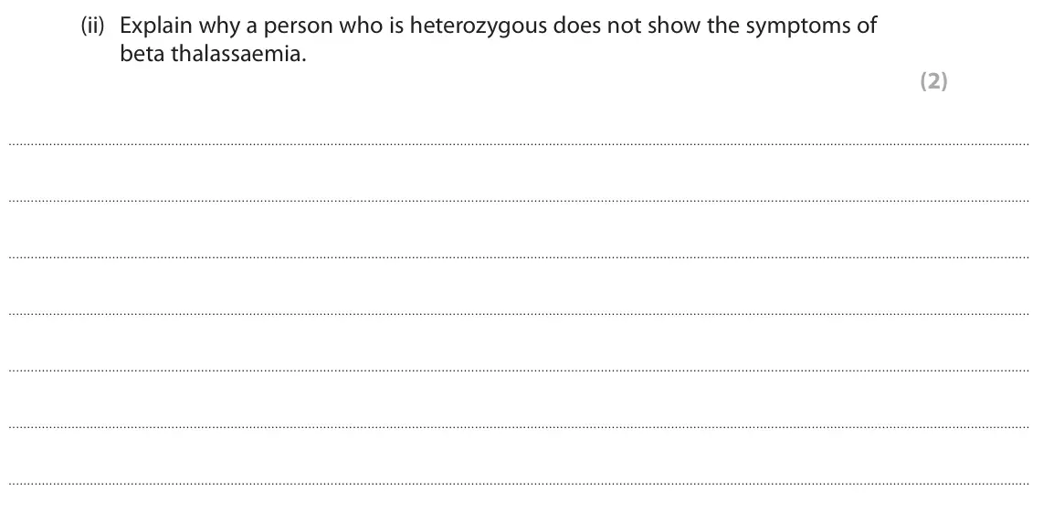 June 2023 Paper 3, question 8(b)(ii): Explain why a person who is heterozygous does not show the symptoms of beta thalassaemia. (2)