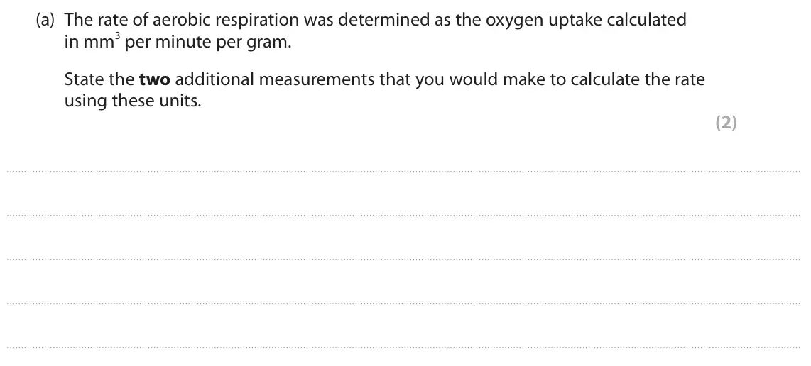 June 2023 Paper 3, question 10(a): The rate of aerobic respiration was determined as the oxygen uptake calculated in mm3 per minute per gram. State the two additional measurements that you would