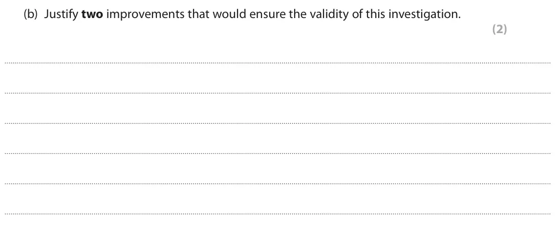 June 2023 Paper 3, question 10(b): Justify two improvements that would ensure the validity of this investigation. (2)