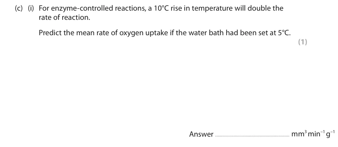 June 2023 Paper 3, question 10(c)(i): For enzyme‑controlled reactions, a 10°C rise in temperature will double the rate of reaction. Predict the mean rate of oxygen uptake if the water bath had been