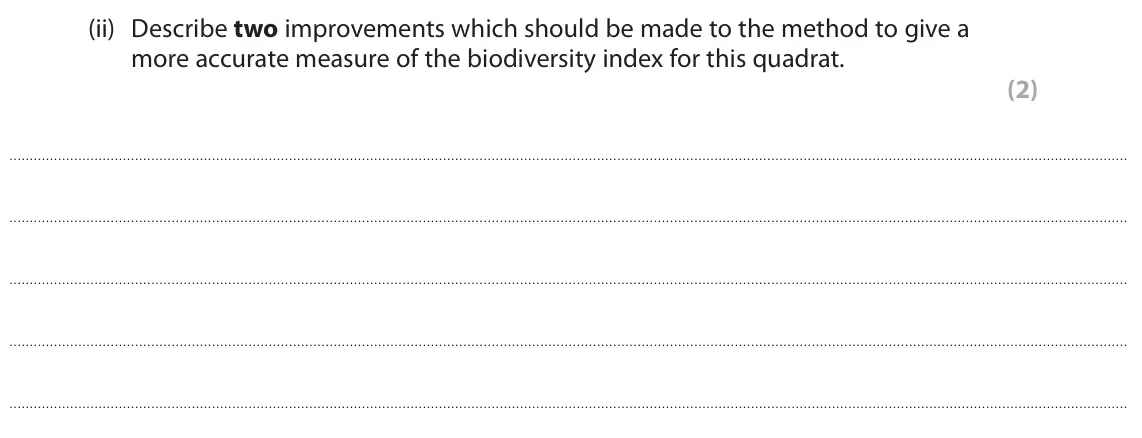 June 2023 Paper 3, question 11(b)(ii): Describe two improvements which should be made to the method to give a more accurate measure of the biodiversity index for this quadrat. (2)